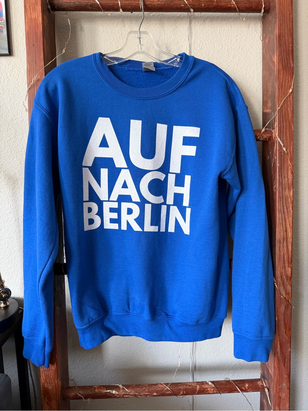 Gildan Royal Blue Crewneck with White "AUF NACH BERLIN" Print